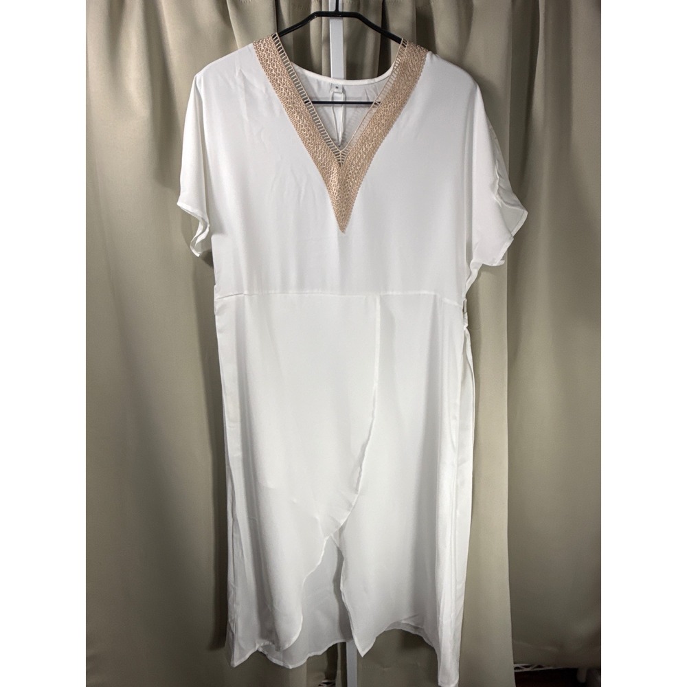 Boho White Crochet V-Neck Wrap Maxi Dress Short Sleeve Recycled Fabric Size M